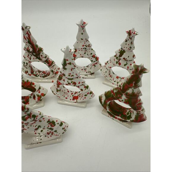 9 Vintage 3D Ceramic Christmas Tree Napkin Rings Holders White, Red, Green - Picture 3 of 5
